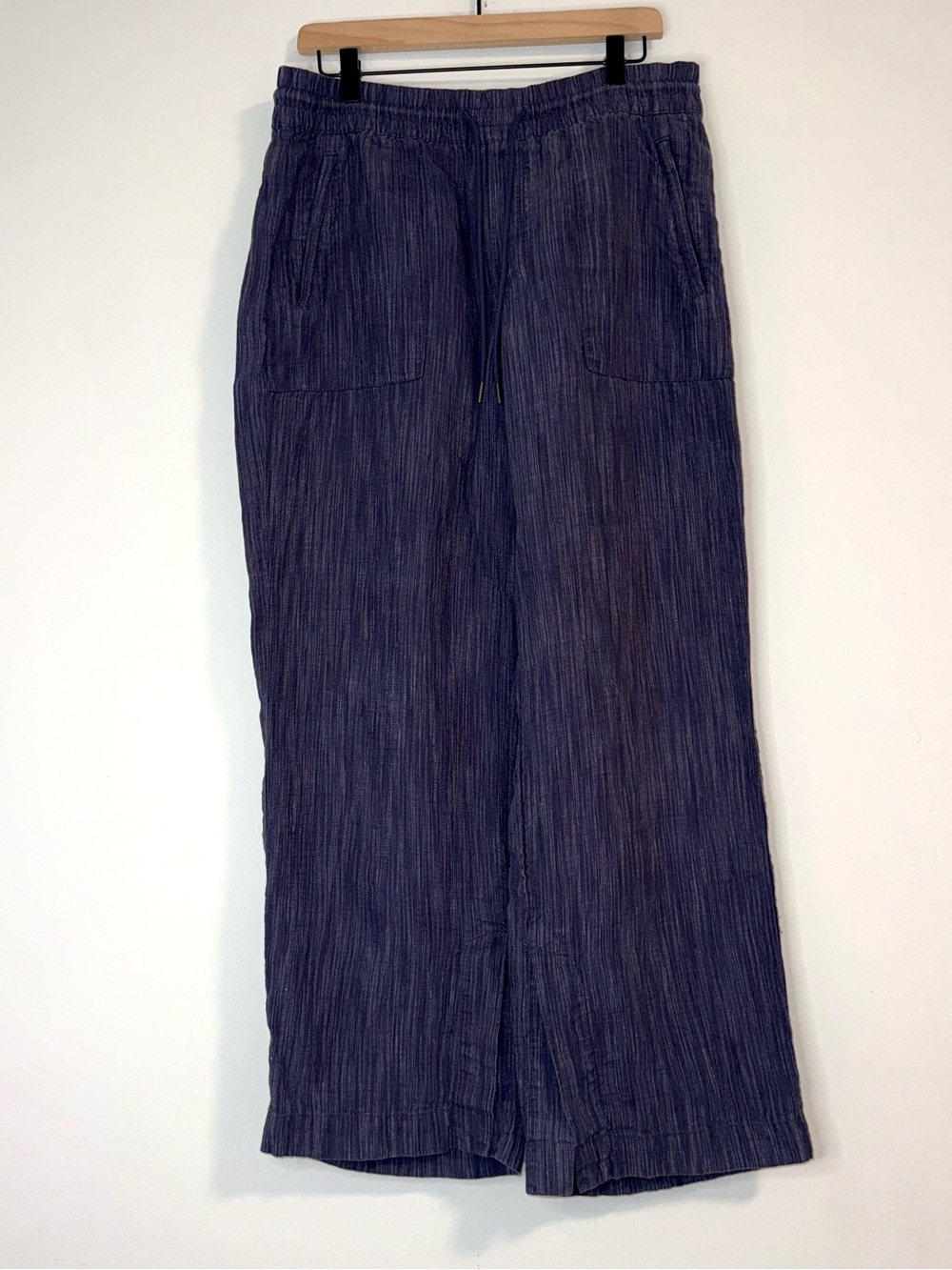 Athleta Retreat Linen High Rise Heathered Navy Blue Wide Leg Drawstring Pants Sz